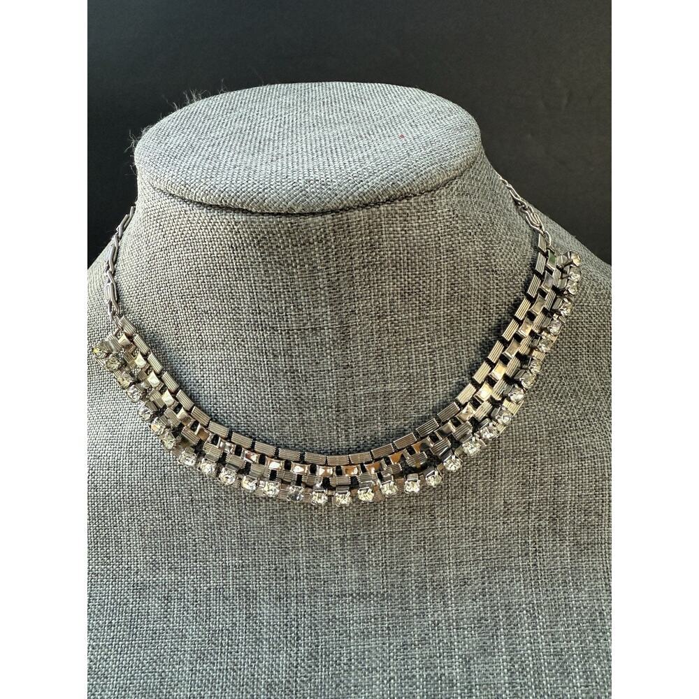 Vintage Rhinestone Crystal Bib Collar Necklace Choker Silver Tone Cocktail 17”